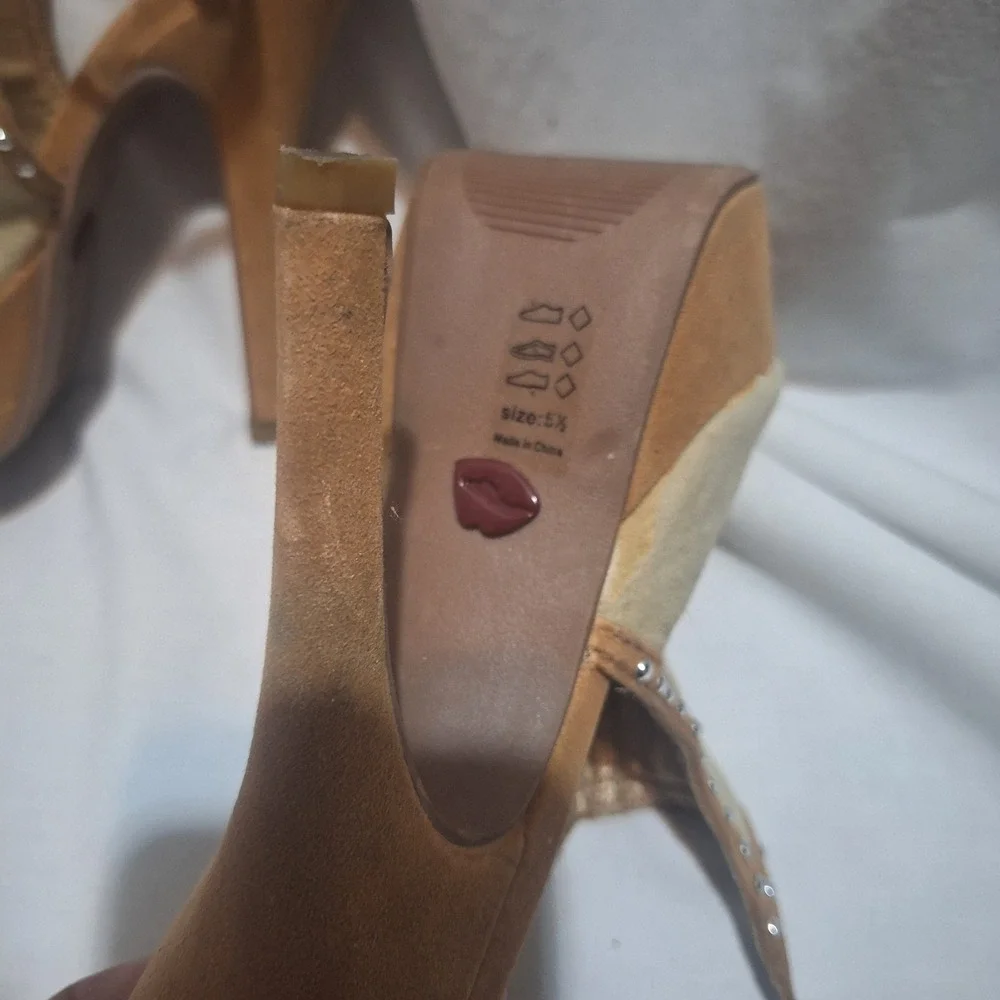 Promise Tan Suede Studded Platform Slingback Stiletto Heels Peep Toe Sandals 5.5